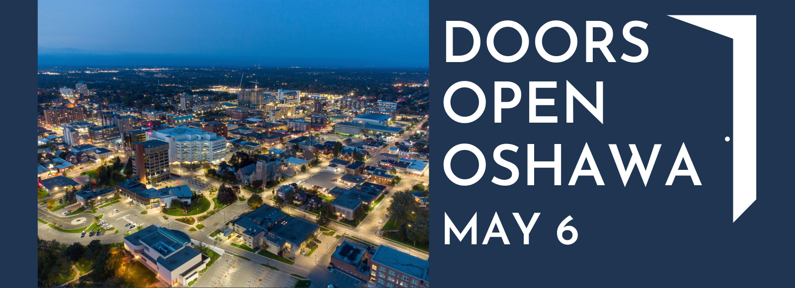 the city lit up at night with the words Doors Open May 6